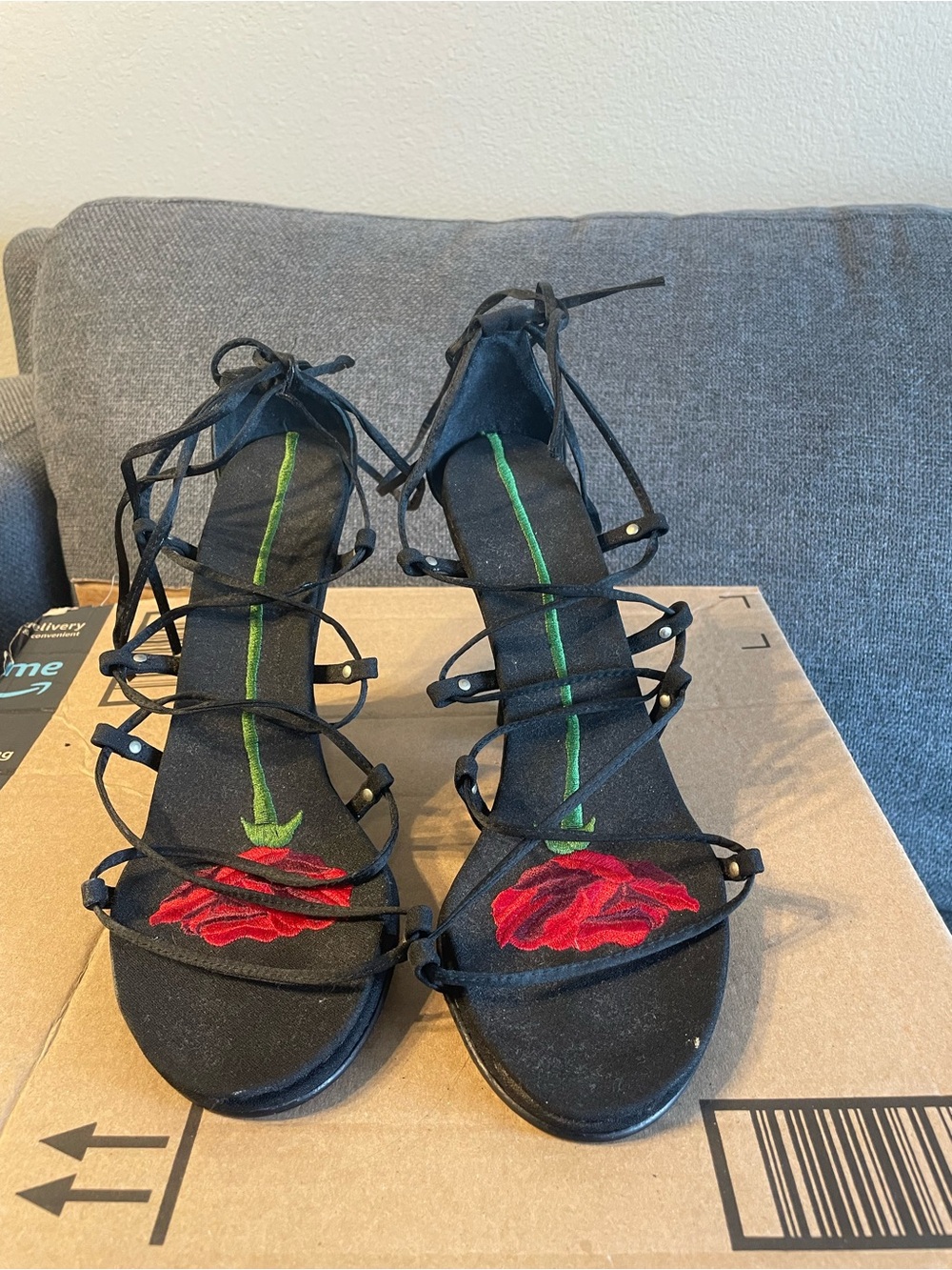 Beverly Feldman Lace-Up Heels with Red Rose Embroidery